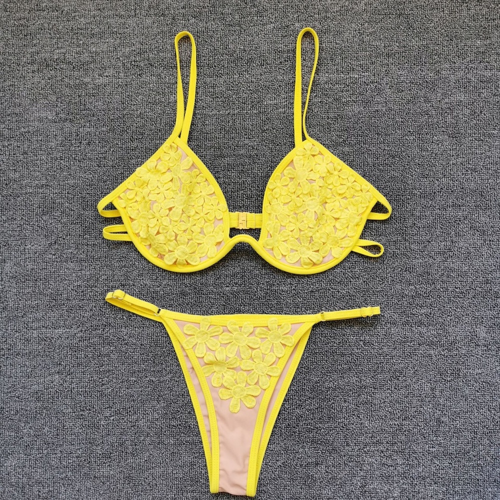 Sexy Floral Lace Bikini Set Yellow Swimwear Cheeky Bikini